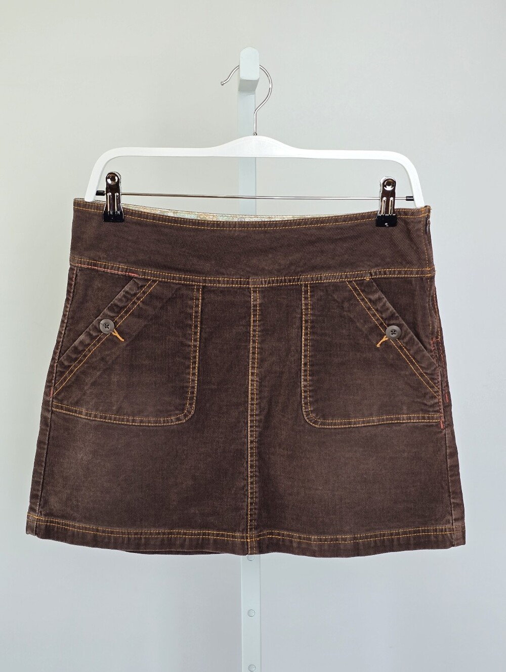 prAna Breathe Brown Corduroy Mini Skirt Organic Cotton Side Zip Pockets Size 4